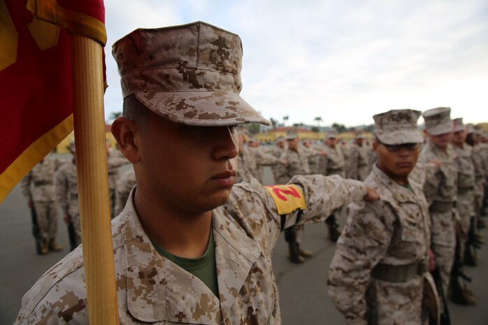 Pfc. Edwin U. Rosales, Platoon 2166 makes sure he is one arms distance away during the dress right dress drill move during Final Drill aboard the depot, Nov. 18. Final Drill is one of the last tests the recruits face before earning the title “Marine”.