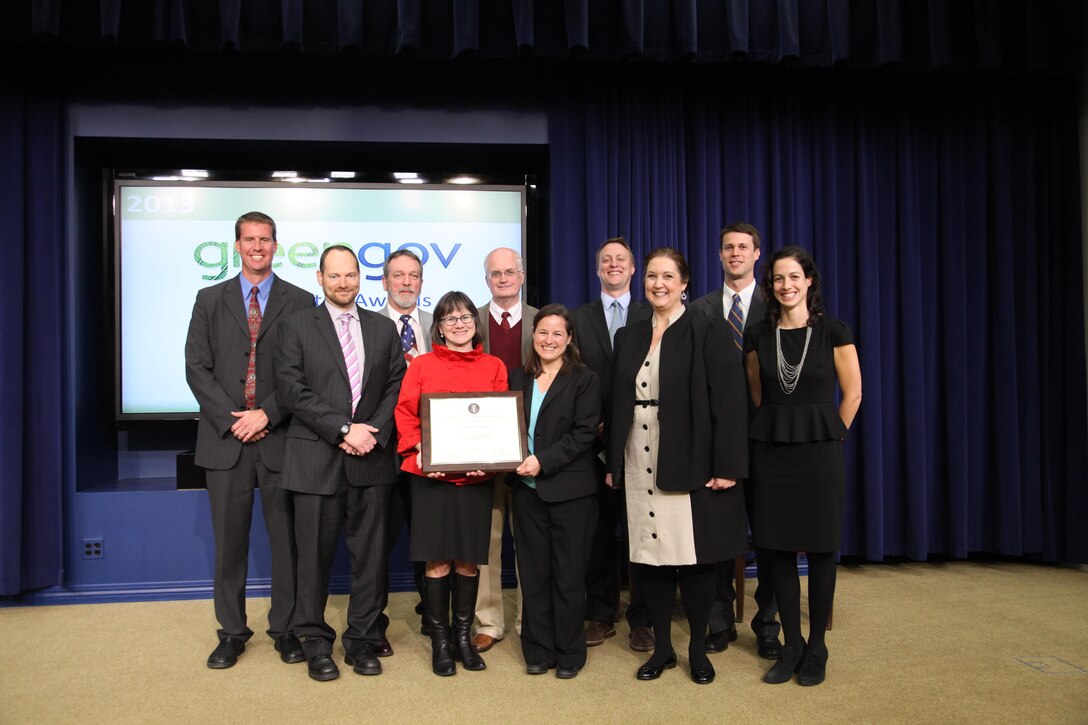 IWR Climate and Global Change team lead Kathleen D. White, PhD, PE, was part of a team recognized  a 2013 GreenGov Presidential Awards. The team was recognized for developing the Sea Level Rise Tool for Sandy Recovery, which is now being used in New York and New Jersey where planning and rebuilding is underway.  Left to right: Doug Marcy (National Oceanic and Atmospheric Administration), Chris Weaver (U.S. Global Change Research Program), Mark Huber (USACE Army Geospatial Center), Kathleen White (USACE Institute for Water Resources), Mark Crowell (Federal Emergency Management Agency), Susan Ruffo (Council on Environmental Quality), Adam Parris (National Oceanic and Atmospheric Administration), Sandy Eslinger (National Oceanic and Atmospheric Administration on detail to FEMA), Billy Brooks (National Oceanic and Atmospheric Administration), Megan McVey (U.S. Global Change Research Program). 