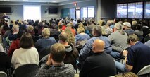 Clay Weisenberger (standing), Huntsville Center Office of Counsel, conducts ethics training to Center employees Dec. 6 in the Huntsville Center cafeteria. Ethics training is an annual mandatory face-to-face requirement for all government employees. Army Corps of Engineers policy states that deployed personnel are exempt from the annual training requirement but are required to take it as soon as possible after they return. Two more training sessions are set for Dec. 9 at 2:30 p.m. and Dec. 10 at 10 a.m. in the cafeteria.