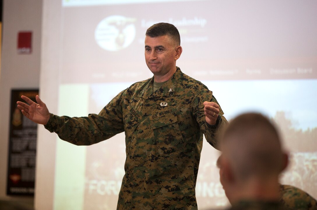 Col. Scott Erdelatz, the director of Lejeune Leadership Institute,teaches unit leaders from Marine Corps Base Hawaii and Marine Corps Air Station Kaneohe Bay about the recently developed Marine Corps Leadership Development Program during two days of classes at the Kaneohe Klipper Golf Course Rocker Room, Nov. 25 and 26, 2013. The Marines spent two days learning the program’s intent, focus, method, ways to implement and resources, both on base and through the Internet. The program’s development began in September 2012 and is intended to be a newer model of leadership for Marines. (U.S. Marine Corps photo by Lance Cpl. Suzanna Knotts)