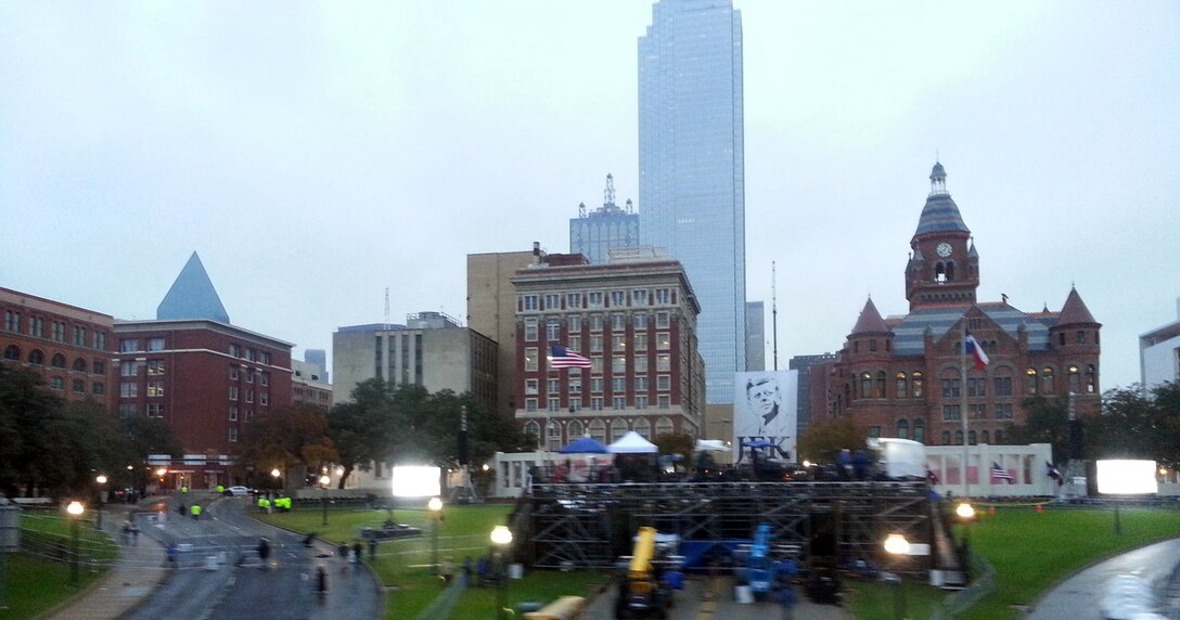 A cold and damp Dealey Plaza was the site for the 50th anniversary ceremony to remember President John F. Kennedy on Nov. 22, 2013, in Dallas. (Courtesy Dallas Convention and Visitors Bureau)

