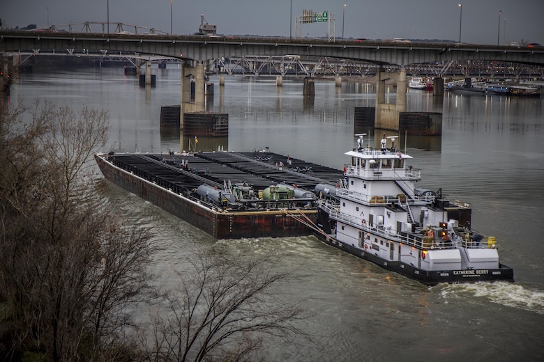 Motor Vessel Katherine Berry navigating upstream on the McClellan-Kerr Arkansas River Navigation System. 
