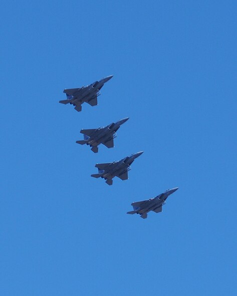Four F-15Cs from the 144th Fighter Wing, Fresno, Calif., fly over the skies of Klamath Falls Dec. 4, 2013. The 173rd Fighter Wing is teaming up with the 144th to increase the number of students trained in order to meet an increased demand for F-15 pilots at the 144th. (U.S. Air National Guard photo by Master Sgt. Jennifer Shirar/released)