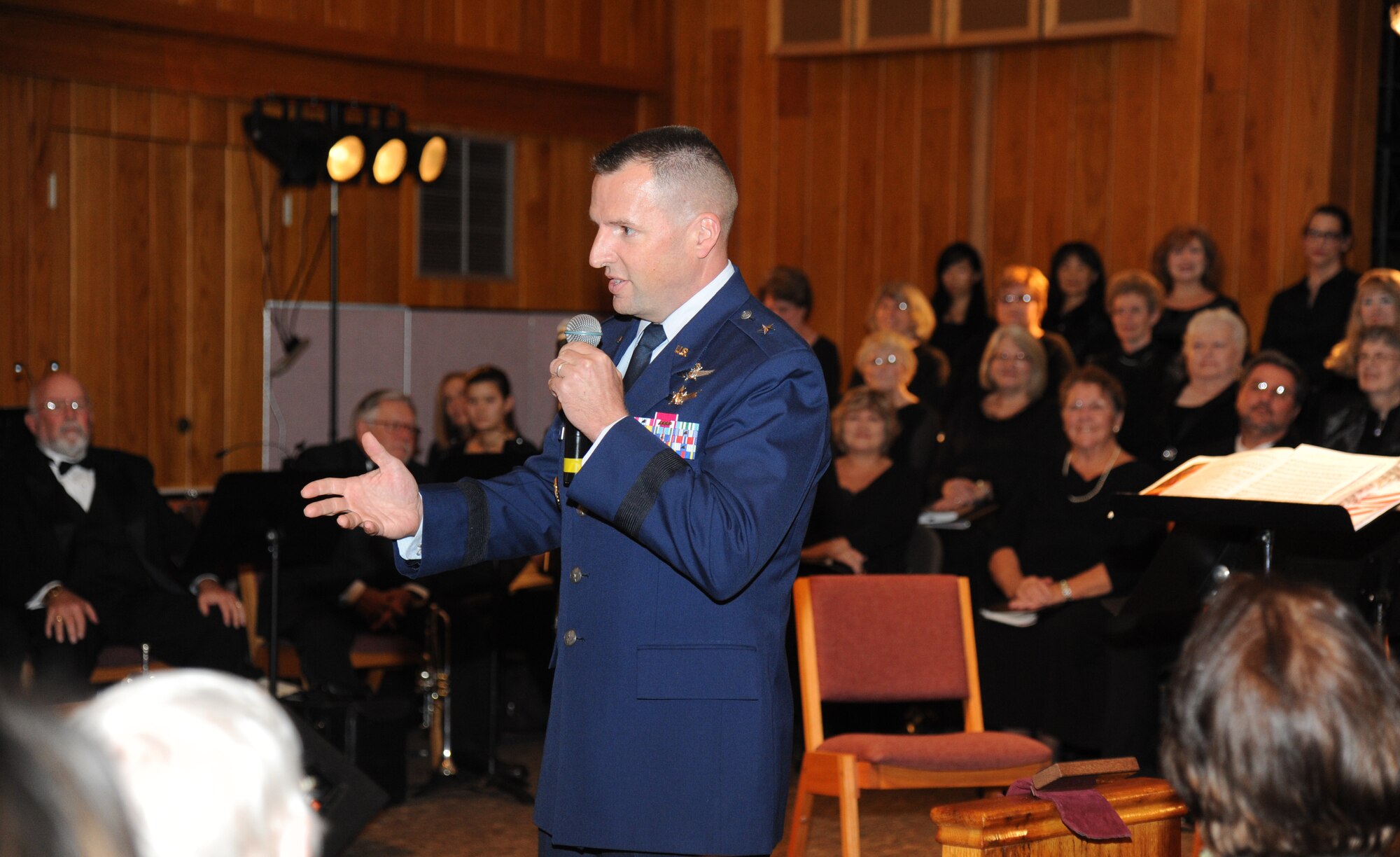 Brig. Gen. Patrick Higby, 81st Training Wing commander, provides opening remarks during the 61st Annual Gulf Coast Messiah Chorus celebration Dec. 5, 2013, at the Triangle Chapel, Keesler Air Force Base, Miss. The Choir’s first performance, under the direction of conductor Dr. Paul McGahie, began at Keesler and is made up by musicians from both the military and civilian communities.  (U.S. Air Force photo by Kemberly Groue)