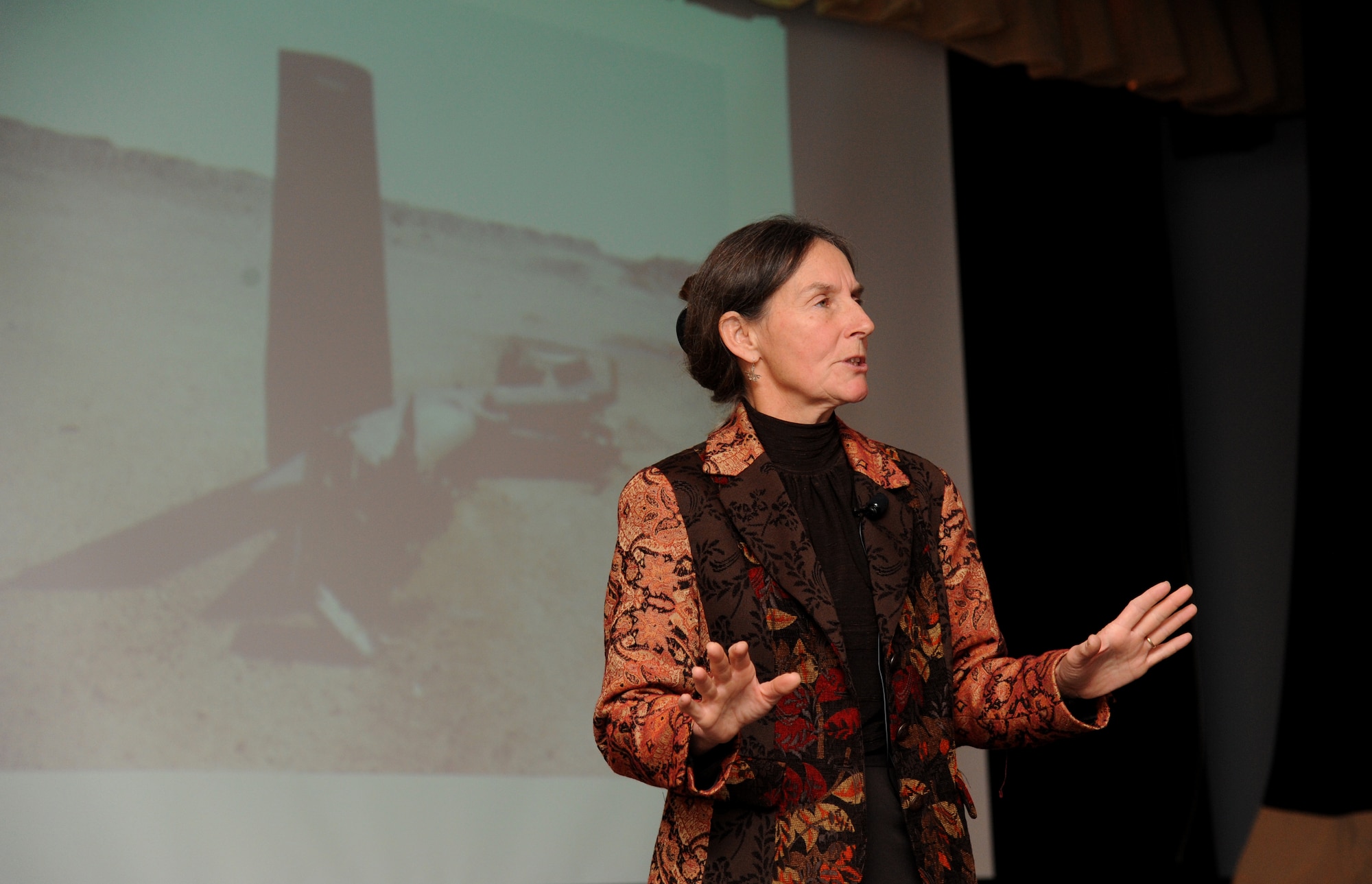 Retired Army Brig. Gen. Rhonda Cornum shares her experience as a prisoner of war in Iraq in 1991 with Keesler personnel Dec. 5, 2013, at the Keesler Medical Center.  During the Persian Gulf War, Cornum’s helicopter was shot down while on a search and rescue mission. She suffered two broken arms, a gunshot wound in the back and was captured by enemy forces. Cornum is the wife of Brig. Gen. Kory Cornum, 81st Medical Group commander. (U.S. Air Force photo by Kemberly Groue)