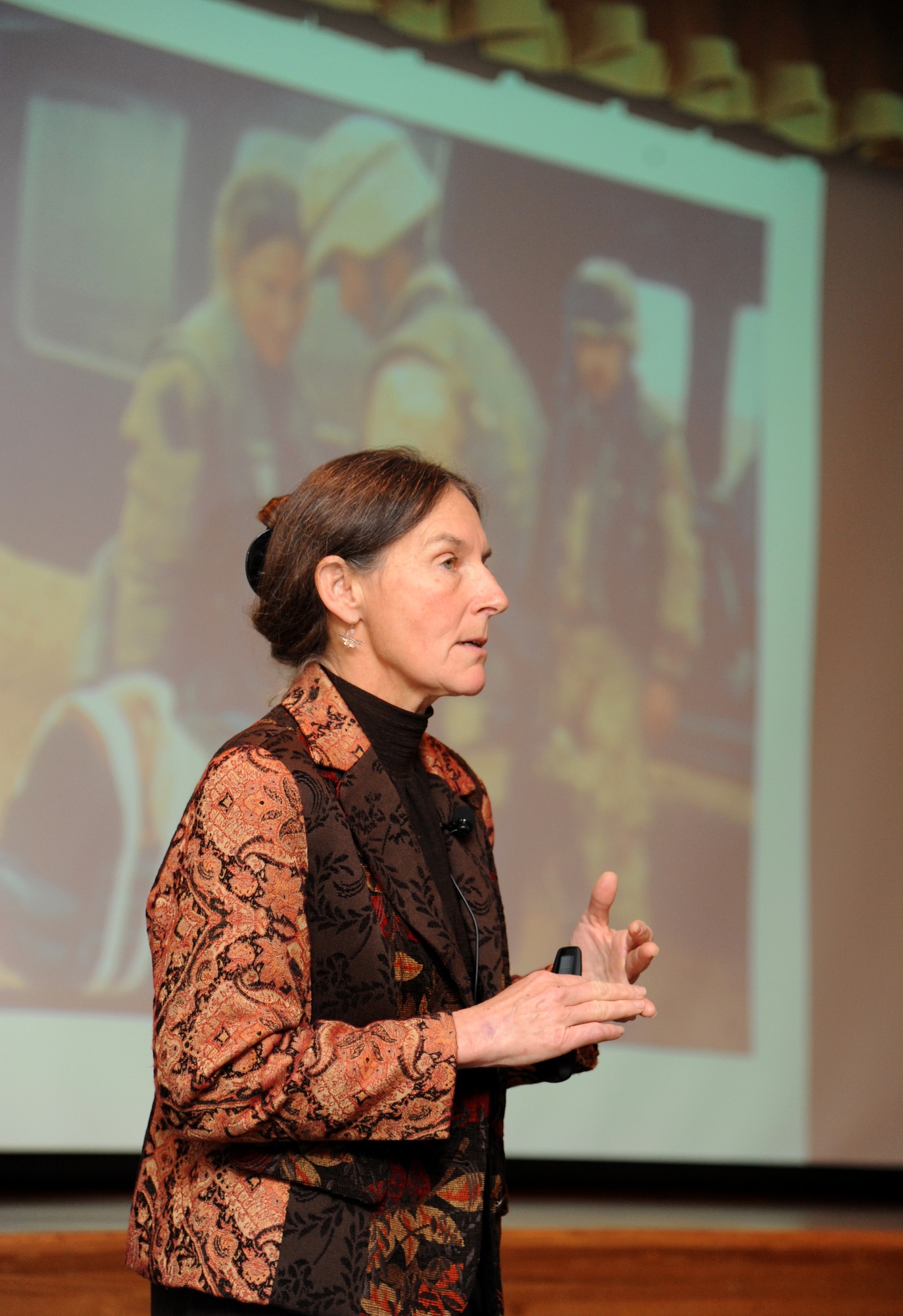 Retired Army Brig. Gen. Rhonda Cornum shares her experience as a prisoner of war in Iraq in 1991 with Keesler personnel Dec. 5, 2013, at the Keesler Medical Center.  During the Persian Gulf War, Cornum’s helicopter was shot down while on a search and rescue mission. She suffered two broken arms, a gunshot wound in the back and was captured by enemy forces. Cornum is the wife of Brig. Gen. Kory Cornum, 81st Medical Group commander. (U.S. Air Force photo by Kemberly Groue)