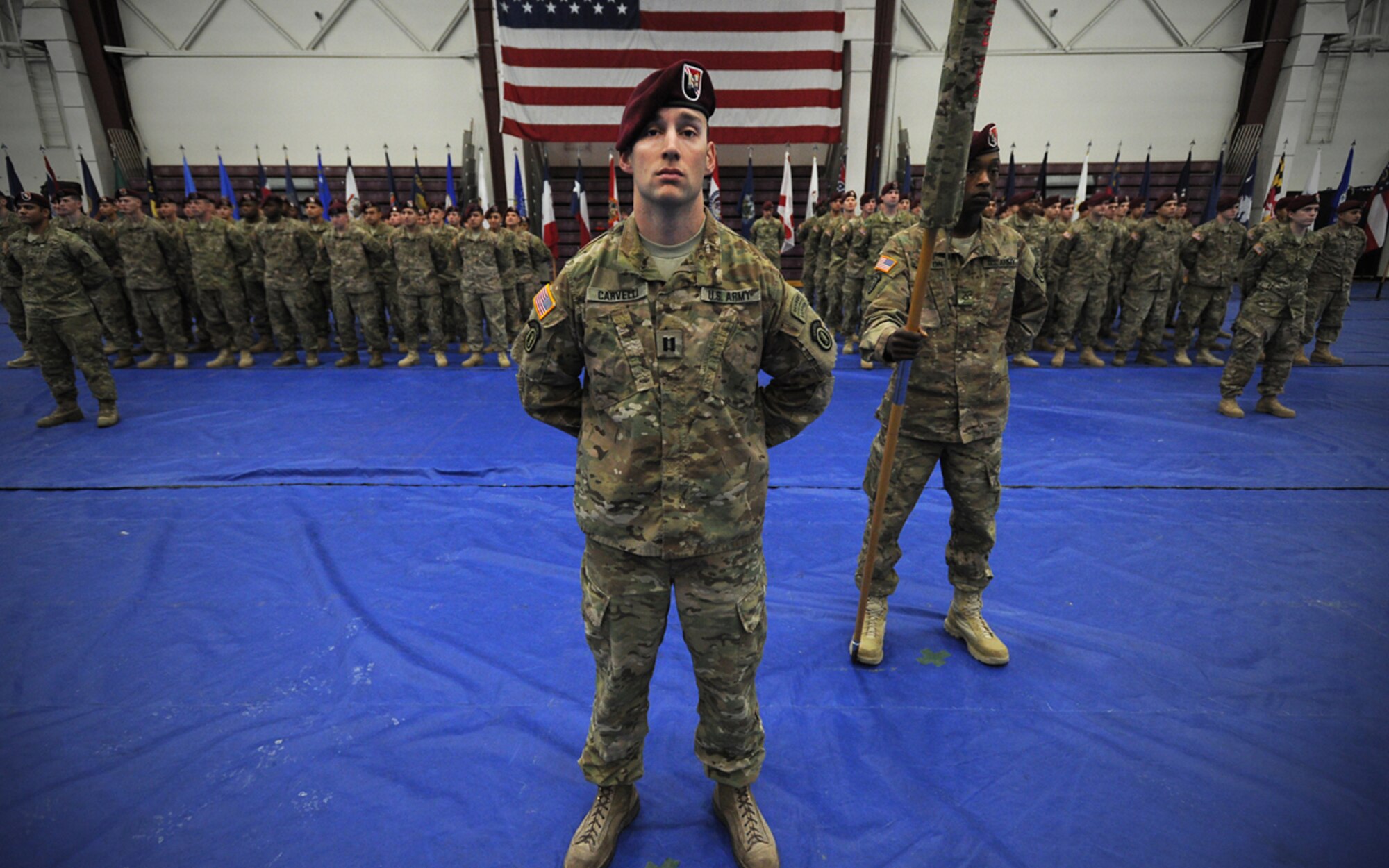 Army Capt. Michael Carvelli, commander of the 84th Engineer Support Company, stands at the head of his command during the unit’s redeployment ceremony Nov. 26 at JBER’s Buckner Physical Fitness Center. (U.S. Air Force photo/Staff Sgt. Michael Cowley)