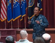 131203-F-JW079-477 Adm. Cecil D. Haney, commander, U.S. Strategic Command, addressed F.E. Warren Air Force Base Airmen at a commander’s call, Dec. 3, 2013. Haney provided leadership insight, shared his priorities with the nuclear deterrence business and reminded the Mighty Ninety how important each Airman’s job is to ensure the success of this 24/7 mission. During his visit, Haney thanked the airmen for their service and stressed the vital nature of their contributions to our nation's nuclear deterrence mission. (U.S. Air Force Photo by R.J. Oriez)