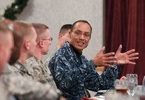 131203-F-JW079-437 Adm. Cecil D. Haney, commander, U.S. Strategic Command, talks with junior enlisted Airmen and Officers at a lunch at the F.E. Warren Air Force Base Trail’s End Club, Dec. 3, 2013. Haney asked the Airmen about their concerns and ideas for improving working and living conditions and stressed the importance of their contributions to our nation’s nuclear deterrence mission (U.S. Air Force Photo by R.J. Oriez)