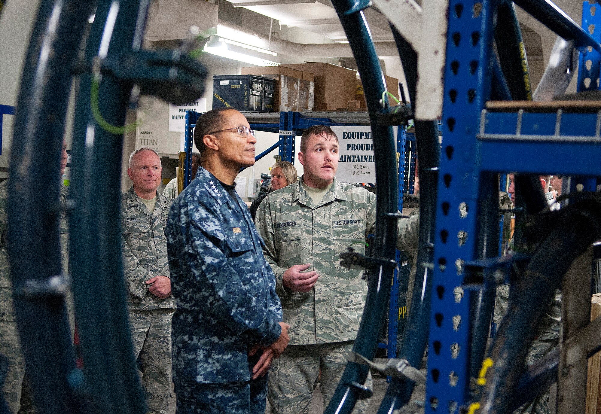 131203-F-JW079-335 Tech. Sgt. Christopher Isenberger, 90th Maintenance Operations Squadron, gives Adm. Cecil D. Haney, commander, U.S. Strategic Command, a tour of the 90th MOS Vehicles and Equipment Section at the 90th Maintenance Group, Dec. 3, 2013, at F.E. Warren Air Force Base.  During his visit, Haney thanked the Airmen for their service and stressed the vital nature of their contributions to the success of our nation’s nuclear deterrence mission. (U.S. Air Force Photo by R.J. Oriez)