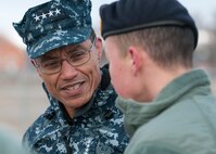 131203-F-JW079-089 Adm. Cecil Haney, commander, U.S. Strategic Command, talks to 1st Lt. David Krigbaum, 90th Security Forces Group Tactical Response Force, during a Tactical Response Force demonstration at training launch facility Uniform-1, Dec. 3, 2013. During his visit, Haney thanked the Airmen for their service and stressed the vital nature of their contributions to our nation’s nuclear deterrence mission. (U.S. Air Force photo by Rich Oriez)