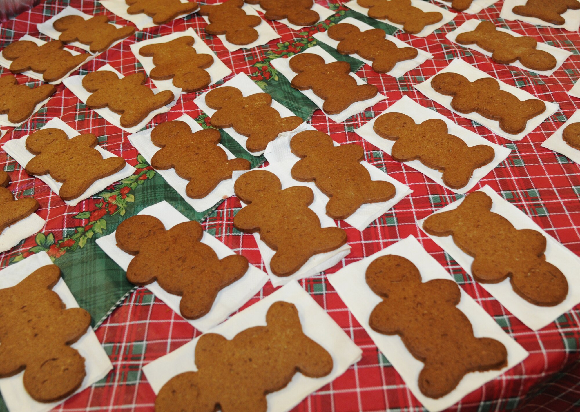 Ginger bread cookies sit on display for custom decorating during Keesler’s annual Christmas in the Park celebration Dec. 4, 2013, at marina park, Keesler Air Force Base, Miss. The event, hosted by Outdoor Recreation, included a tree lighting ceremony, tour train rides, holiday music, visits with Santa and free food and beverages. (U.S. Air Force photo by Kemberly Groue)