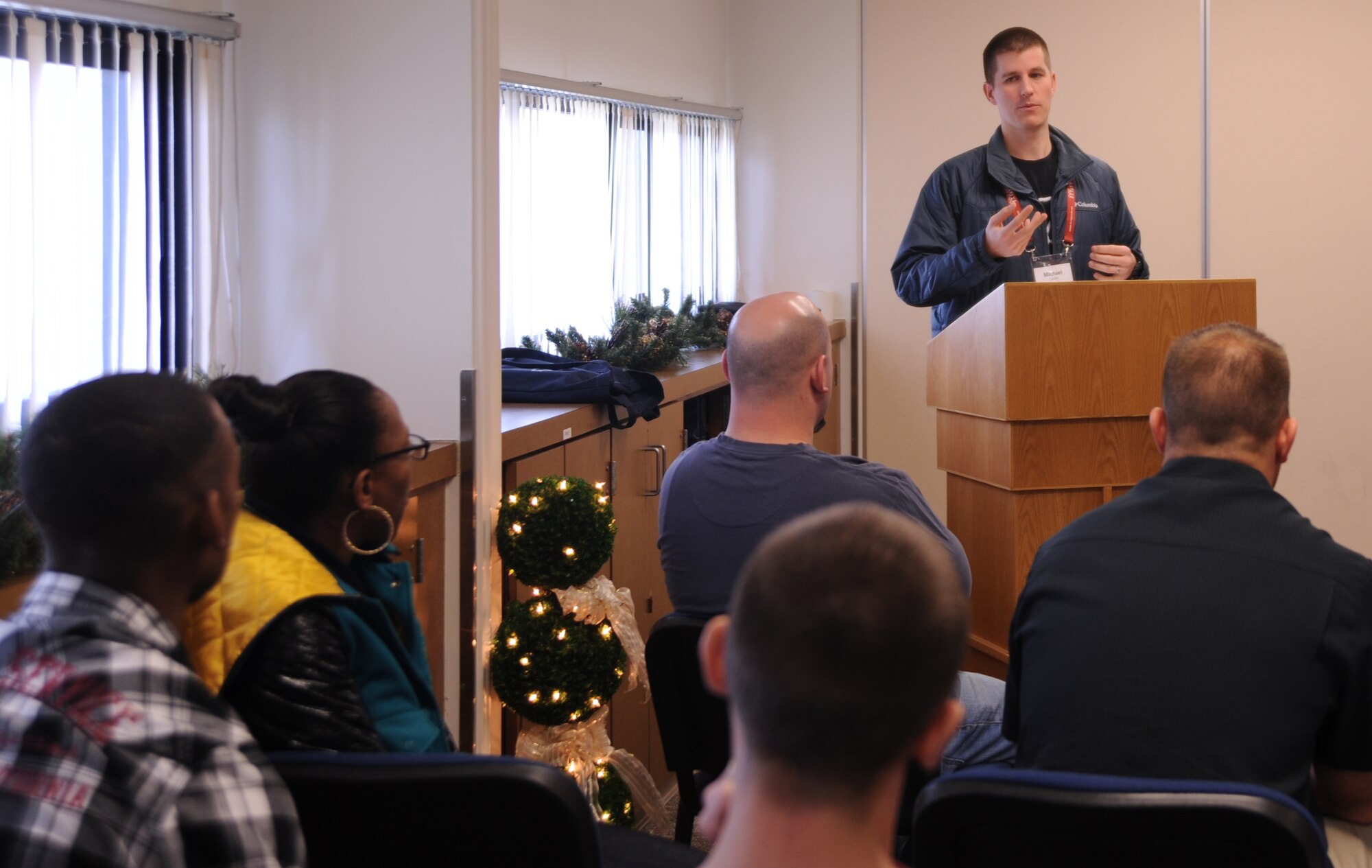 U.S. Air Force Chaplain (Capt.) Michael Carollo, 35th Fighter Wing, speaks with students during Applied Suicide Intervention Skills Training Dec. 6, 2013, at Misawa Air Base, Japan. ASIST stresses the three main phases of suicide intervention – connecting, understanding and assisting. Although Misawa has not had any suicides in the last year, it’s still important for Airmen to be responsive and trained to intervene if they suspect someone is suicidal. (U.S. Air Force photo/Staff Sgt. Alyssa C. Wallace)