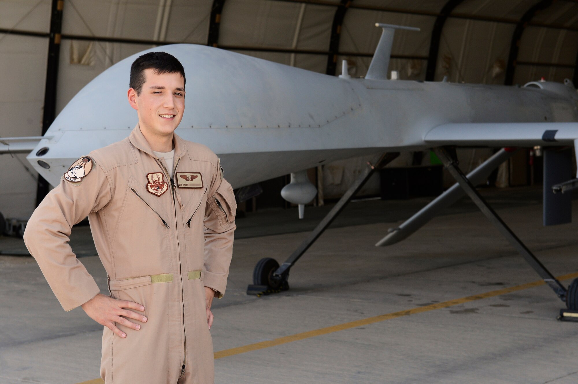 Senior Airman Tyler (last name withheld) is a RPA operator with the 46th Expeditionary Reconnaissance Squadron, undisclosed location, Southwest Asia.  He has been named as the Rock Solid Warrior for this week from the 386th Air Expeditionary Wing.  This is the Illinois native's second deployment.  (U.S. Air Force photo by Master Sgt. Christopher A. Campbell)