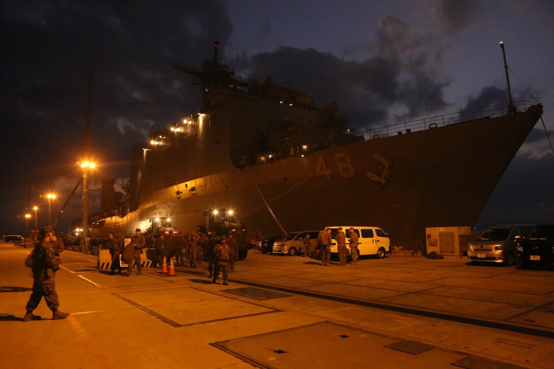 Marines and Sailors of the 31st Marine Expeditionary Unit disembark from the USS Ashland (LSD-48) here, Dec. 3 after spending more than two weeks assisting the Armed Forces of the Philippines in disaster relief efforts during Operation Damayan. Elements of the 31st MEU left Okinawa within 96 hours of receiving the mission, departing on Nov. 17.  The 31st MEU is the Marine Corps force in readiness in the Asia-Pacific region and is the only continuously forward deployed MEU. 