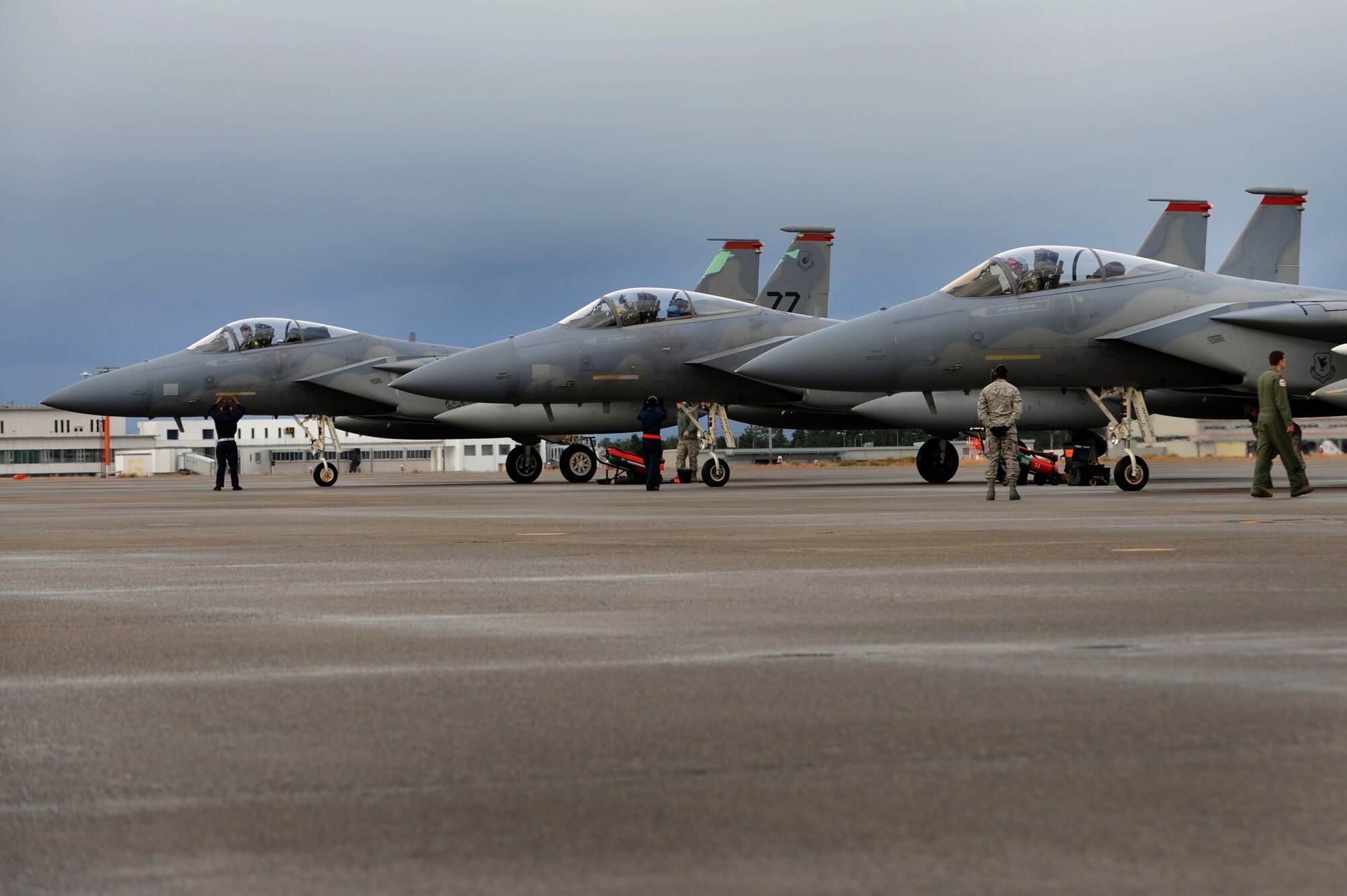 U.S. Air Force F-15 Eagles arrive on Komatsu Air Base, Japan, Dec. 7, 2013. Six F-15s arrived at Komatsu from Kadena Air Base, Japan, to participate in a week-long Aviation Training Relocation Program hosted by the Japanese Air Self Defense Force 6th Wing. The program emphasizes interoperability training between U.S. and Japanese forces, while promoting operational readiness. (U.S. Air Force photo by Staff Sgt. Amber E. N. Jacobs)
