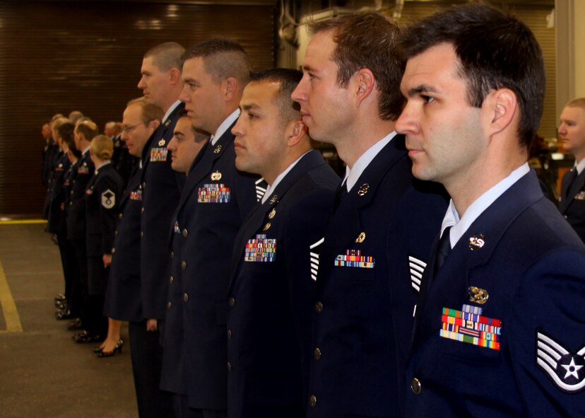 67th Aerial Port Squadron Airmen report to work Saturday morning in service dress uniform for inspections. (Courtesy photo/Tech. Sgt. Rahman Badarane)