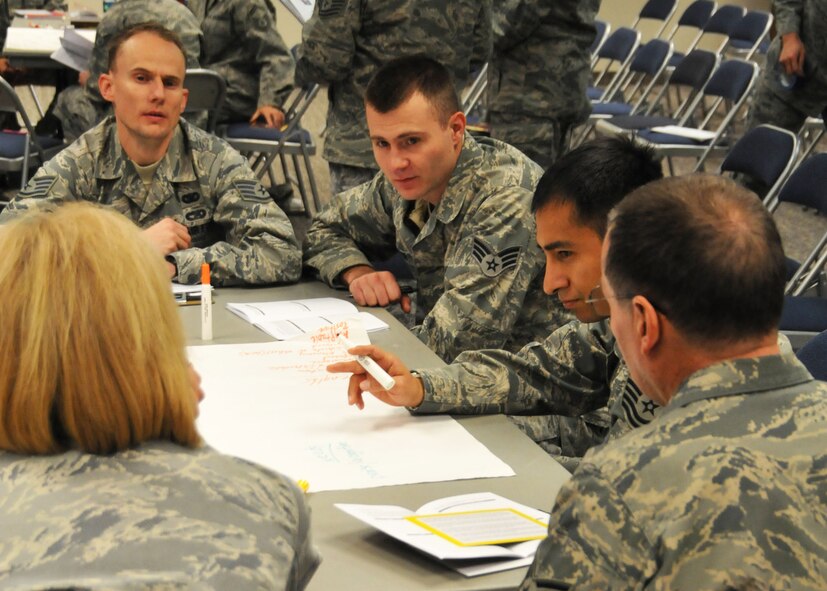 Enlisted members of the Montana Air National Guard participate in
the enlisted continuing process improvement event held at the 120th
Fighter Wing in Great Falls, Mont. on Nov. 2, 2013. National Guard
photo/Tech. Sgt. Christy Mason.