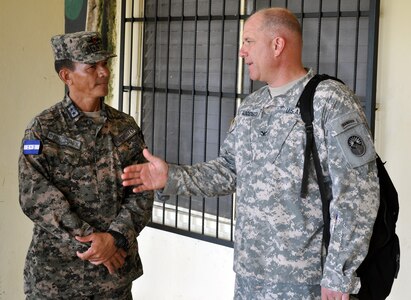 U.S. Army Col. Thomas Boccardi, Joint Task Force-Bravo Commander, and Julie Schechter Torres, Deputy Chief of Mission, U.S. Embassy, met with Lt. Col. Santos Colindres, Deputy Commander of the Honduran 5th Infantry Battalion, at Mocoron, Honduras, Dec. 3, 2013.  The leaders discussed several issues affecting the Gracias a Dios region of Honduras and how the U.S. and Honduras can work together to overcome challenges.  Boccardi and Torres then departed Mocoron to observe Joint Task Force-Bravo's Medical Element (MEDEL) performing a Medical Readiness Training Exercise (MEDRETE) in the remote village of Auka.  At Auka, Boccardi and Torres were able to interact with Honduran medical providers as well as meet with Marilyn Bentlez, Vice-Mayor of Puerto Lempira, Honduras.  (U.S. Air Force photo by Capt. Zach Anderson)