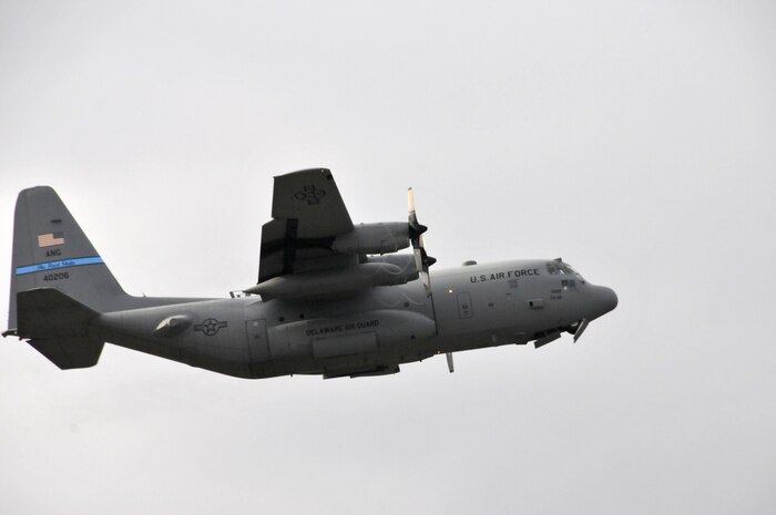 Delaware Air National Guard C-130 tail #40206 takes off from the New Castle ANG Base, Del., with seven aircrew members aboard to perform a local proficiency training mission on Dec. 7, 2013. This mission, along with another flight today, is recognized by the Delaware ANG to help celebrate the 166th Airlift Wing’s reaching the milestone of 175,000 safe flying hours without a serious mishap over the last 50 years. (U.S. Air National Guard photo by Tech. Sgt. Benjamin Matwey)