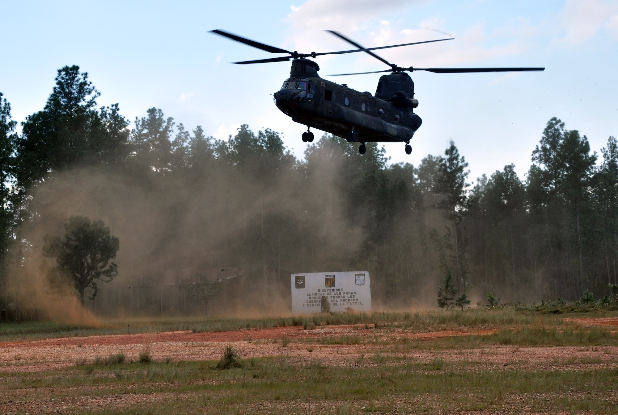 A CH-47 Chinook helicopter assigned to Joint Task Force-Bravo's 1-228th Aviation Regiment departs Mocoron, Honduras, during an operation as part of Joint Task Force-Bravo's Culminating Exercise (CULEX), Dec. 4, 2013.  For the CULEX, more than 90 members of Joint Task Force-Bravo deployed to the Department of Gracias a Dios, Honduras, to conduct both real-world and exercise operations.  (U.S. Air Force photo by Capt. Zach Anderson)