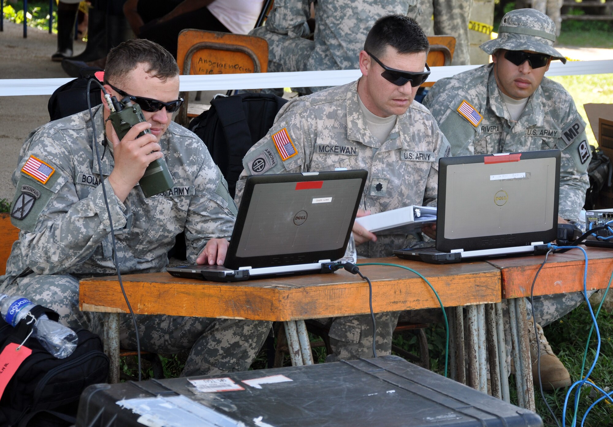 U.S. Army Capt. Lane Boland, U.S. Army Lt. Col. Alan McKewan, and U.S. Army 1st Lt. Angel Rivera, all members of the U.S. Southern Command Survey and Assessment Team (S-SAT), conduct operations in the remote village of Auka, Honduras, during Joint Task Force-Bravo's Culminating Exercise (CULEX), Dec. 3, 2013.  For the CULEX, more than 90 members of Joint Task Force-Bravo deployed to the Department of Gracias a Dios, Honduras, to conduct both real-world and exercise operations.  (U.S. Air Force photo by Capt. Zach Anderson)