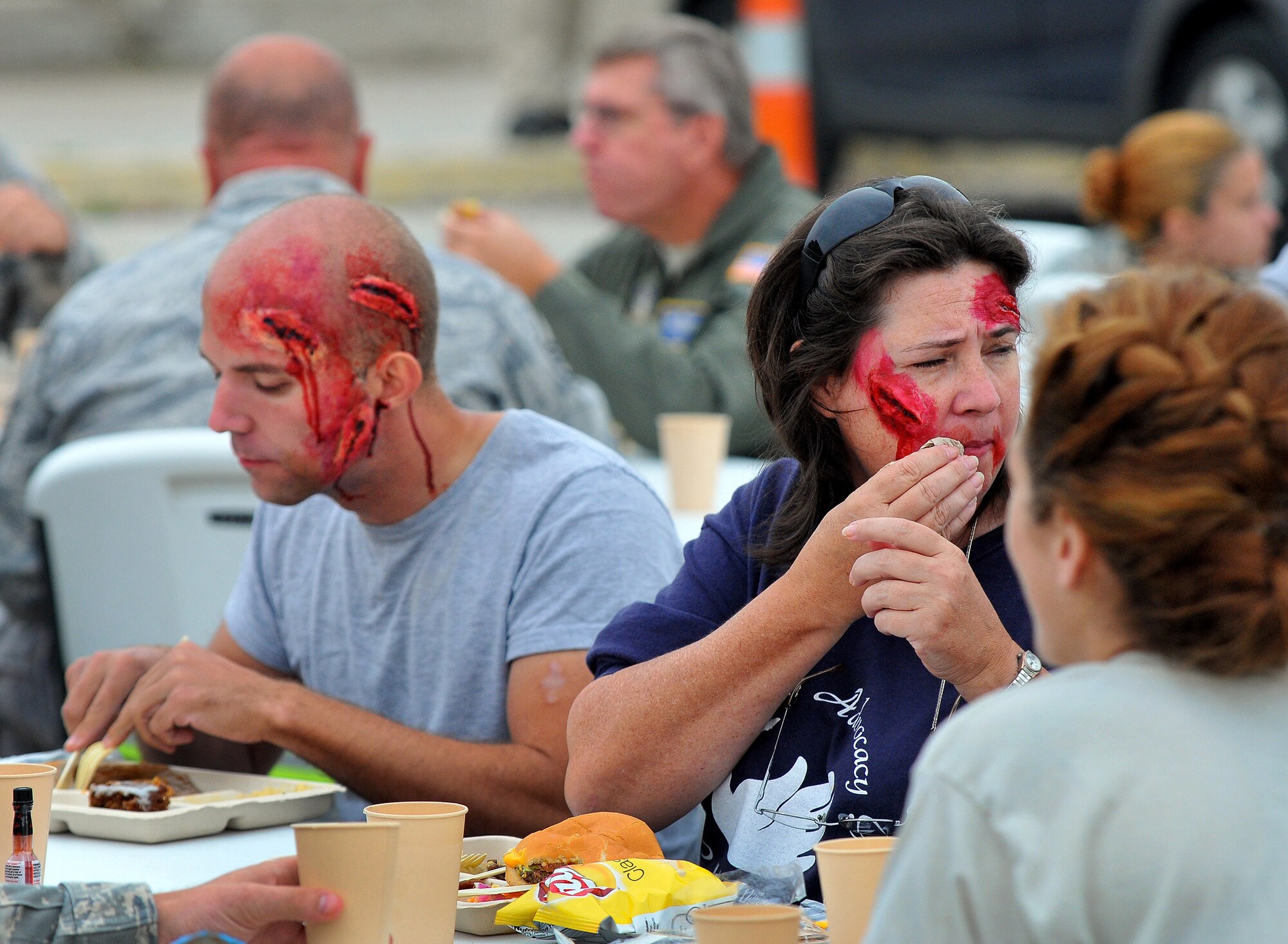WRIGHT-PATTERSON AIR FORCE BASE, Ohio - The 445th Airlift Wing staged an emergency disaster response training exercise involving approximately 400 people here and at “Calamityville,” a training area located just outside the base in Fairborn, Ohio, Sept. 29. The exercise was designed to ready military and civilian medical professionals to react and work as a team when disaster strikes. Improving efficiency and effectiveness to save lives is the bottom line. (U.S. Air Force photo/Tech. Sgt. Frank Oliver)