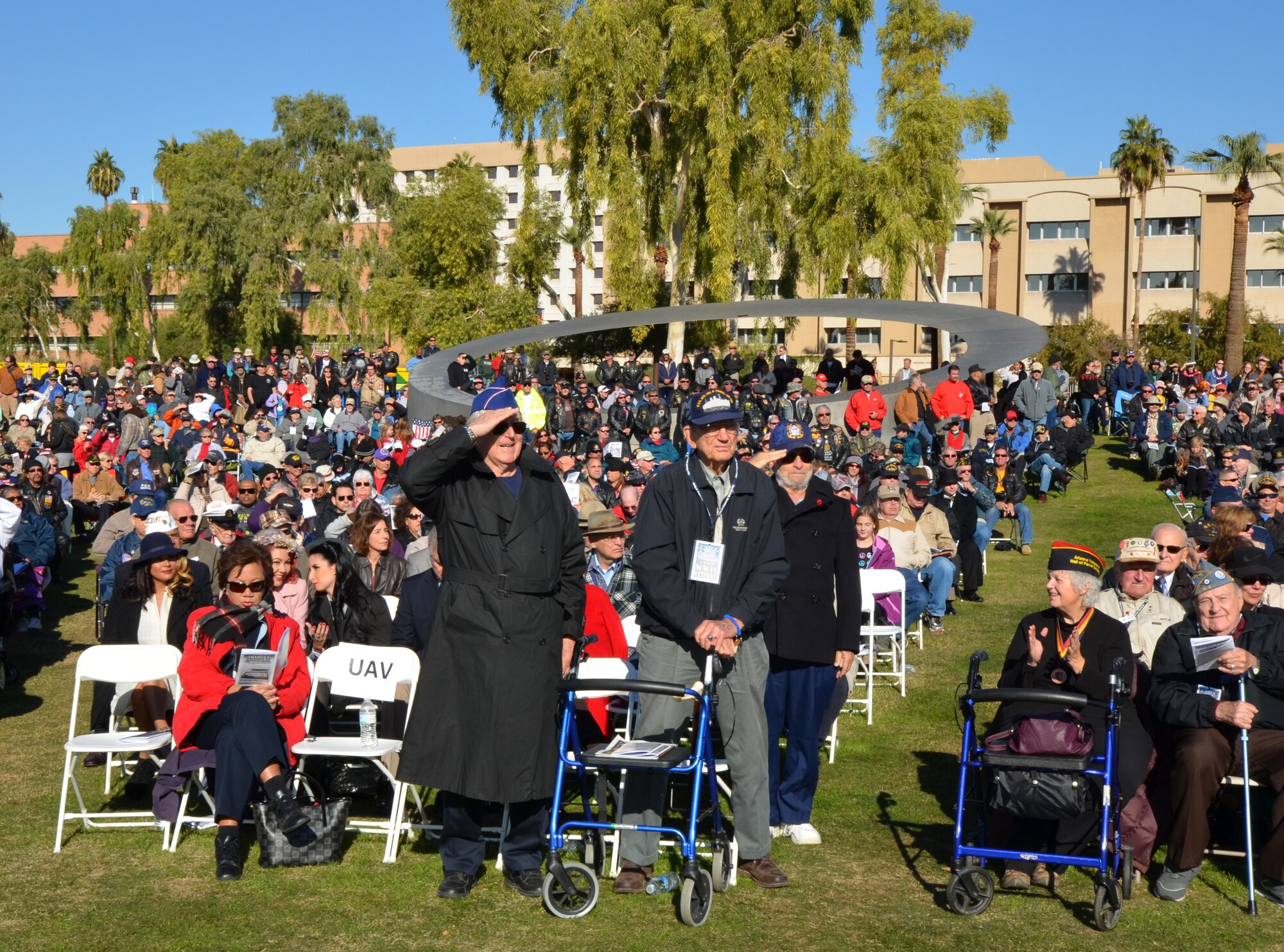 The Arizona World War II memorial, ”Salute the Fallen”, was dedicated during a ceremony Dec. 7th 2013 at Wesley Bolin Park, Phoenix.  The memorial is a tribute to the fallen service members of World War II, which presents historic barrels from the USS Arizona and USS Missouri as a tribute to all the United States service members who sacrificed their lives for our freedom. (U. S. Air National Guard photo by Senior Airman Rashaunda Williams/Released)

