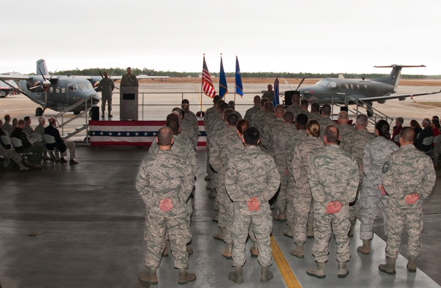 Col. James M. Phillips speaks to his wing during an assumption of command ceremony that installed him as commander of the 919th Special Operations Wing Dec.  7, at Duke Field, Fla.  Phillips is responsible for organizing, training, equipping, and maintaining the wing’s special operations forces, ensuring unit readiness for worldwide deployments in support of combatant commands.  (U.S. Air Force photo/Tech. Sgt. Jasmin Taylor)