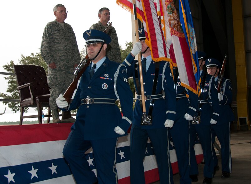 The Eglin Honor Guard brings in the colors during an assumption of command ceremony at Duke Field, Fla., Dec.  7.  Col. James M. Phillips took command of the 919th Special Operations Wing during the ceremony.  (U.S. Air Force photo/Tech. Sgt. Jasmin Taylor)