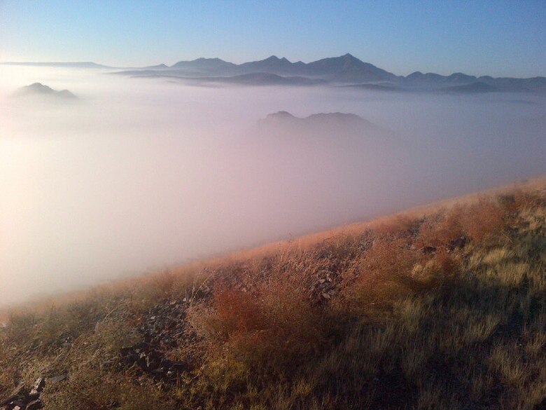 A view into the fog from atop Painted Rock Dam on the Gila River, upstream of Yuma, Ariz.