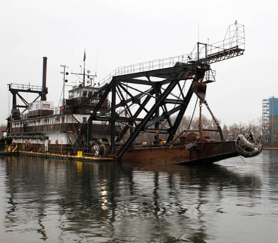 The cutterhead of the Dredge Essex is raised after dredging operations in front of the Mercer County, NJ Power Plant in November of 2013. The U.S. Army Corps of Engineers' Philadelphia District and its contractor Norfolk Dredging Company completed maintenance dredging on the Delaware River between Philadelphia and Trenton in December of 2013.   