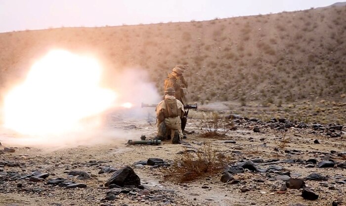 ARMY NATIONAL TRAINING CENTER FORT IRWIN, Calif. - A Marine with Delta Company, 1st Light Armored Reconnaissance Battalion, fires an AT-4 light anti-armor weapon during a weeklong field exercise here, during Nov. 18 to Nov. 24, 2013. The Marines also fired M203 grenade launchers and the M72 light anti-tank weapon to maintain basic combat skills. The Marines conducted a 175 mile road march from their home at Camp Pendleton to Fort Irwin to use the Army base’s training facilities.
