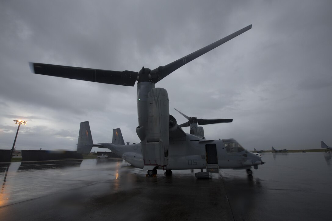 An MV-22B Osprey assigned to Marine Medium Tiltrotor Squadron (VMM) 262, Marine Aircraft Group (MAG) 36, parks on the flight line of Andersen AFB, Guam, during exercise Forager Fury II, 7 Dec. 2013. The inclusion of the MV-22B Osprey from VMM-262 provides a unique opportunity for MAG-12 to incorporate the diverse capabilities of the aircraft into MAG-level exercises