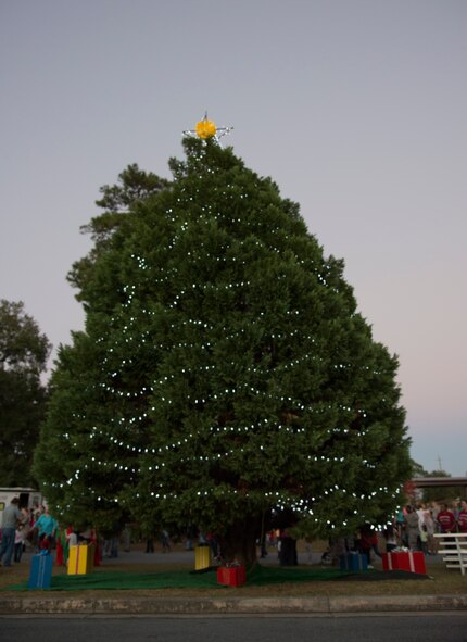 A Christmas tree sits on display during the Annual Tree Lighting Ceremony and Holiday Parade Dec. 6, 2013, at Moody Air Force Base, Ga. The ceremony was dedicated to deployed Airmen and their families. (U.S. Air Force photo by Airman 1st Class Sandra Marrero/Released) 
