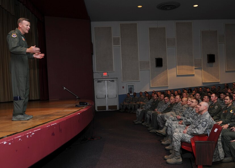 Lt. Gen. Tod D. Wolters, 12th Air Force (Air Forces Southern) commander, speaks with Airmen from the 28th Bomb Wing during a commander’s call at Ellsworth Air Force Base, S.D., Dec. 4, 2013. The general discussed a variety of topics including the importance of standards, heritage and the wingman concept. (U.S. Air Force photo by Senior Airman Anania Tekurio/Released)