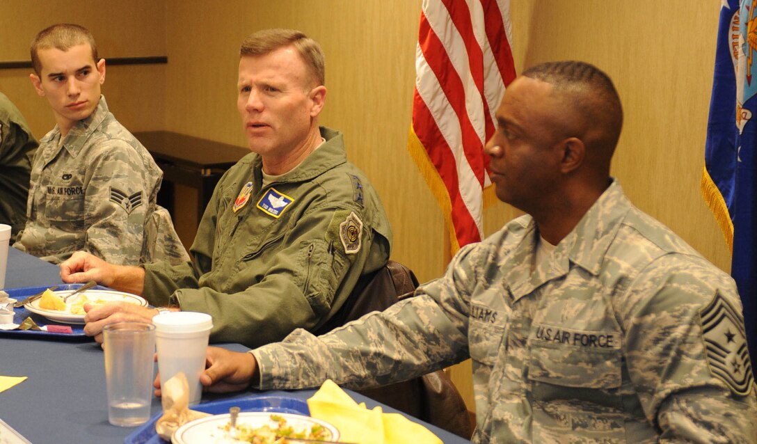 Lt. Gen. Tod D. Wolters, 12th Air Force (Air Forces Southern) commander, visits with Airmen in the Raider Café at Ellsworth Air Force Base, S.D., Dec. 4, 2013. Wolters touched on a variety of issues impacting Airmen and also toured several facilities including the 432nd Attack Squadron headquarters and 28th Logistics Readiness Squadron Deployment Center. (U.S. Air Force photo by Airman 1st Class Rebecca Imwalle/Released)