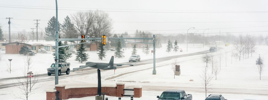 Snow blows across Missile Ave. at Minot Air Force Base, N.D., Dec. 4. The base experiences upwards of 40 inches of snowfall per year and averaged more than 70 inches in 2012. (U.S. Air Force photo/Senior Airman Stephanie Sauberan)