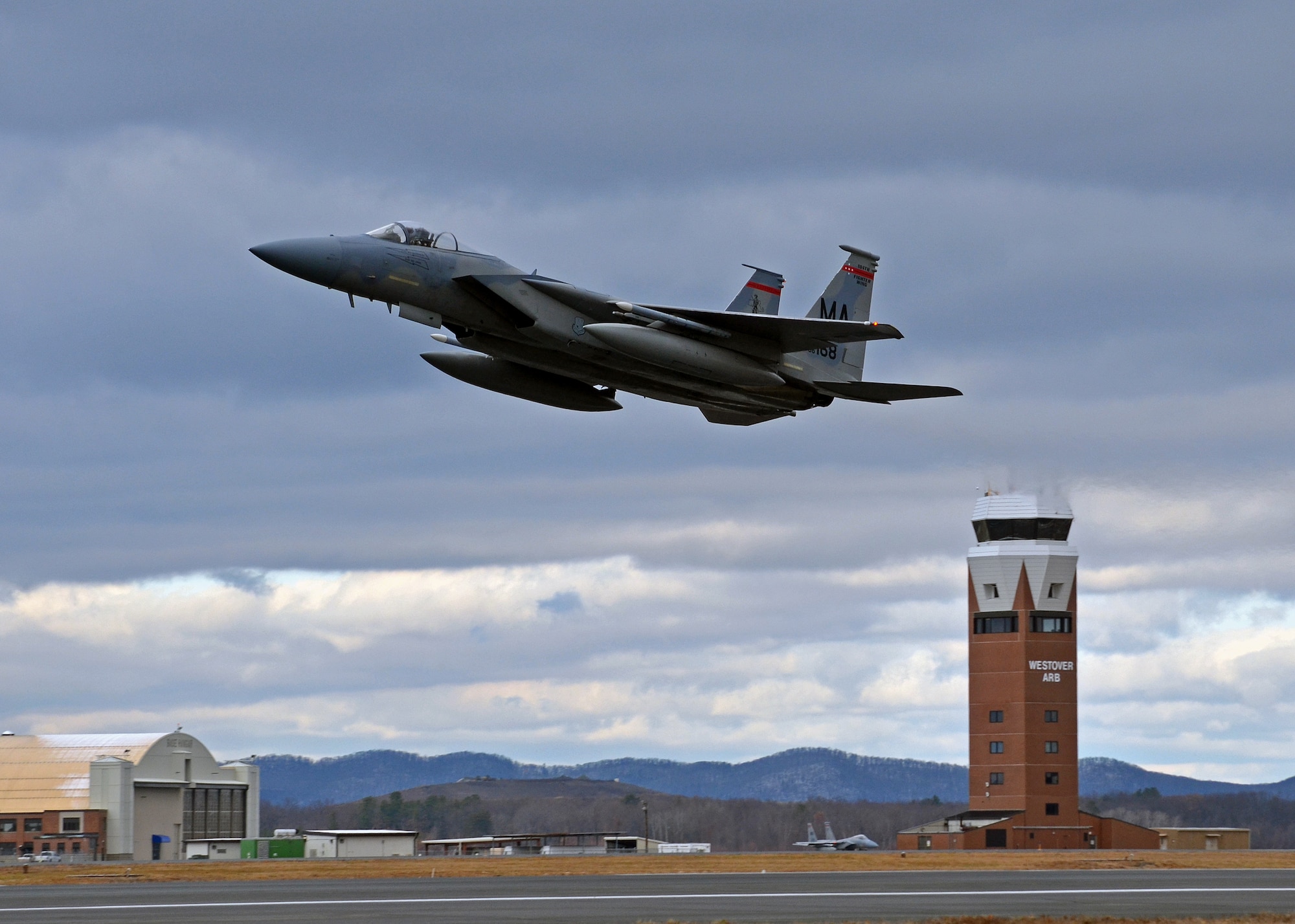 An F-15 Eagle, assigned to Barnes Air National Guard, Westfield, Mass., takes off from Westover Air Reserve Base, Chicopee, Mass., Dec. 7, 2013 heading for an annual exercise in Florida. The jets flew training missions out of Westover for approximately six months while the runway at Barnes Municipal Airport was undergoing several months of repairs, now complete. The F-15 Eagle is an all-weather, extremely maneuverable, tactical fighter designed to permit the Air Force to gain and maintain air superiority. (U.S. Air Force photo/SSgt. Kelly Goonan)