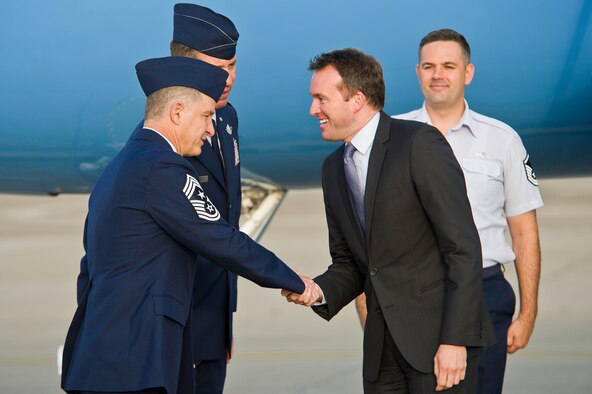 U.S. Air Force Chief Master Sgt. Brian L. Zator, Command Chief, 911th Airlift Wing, Pittsburgh International Airport Air Reserve Station, Coraopolis, Pa., greets acting Secretary of the Air Force, Eric Fanning, during his base visit. Fanning made his first trip to the Air Reserve Station since taking on the role of acting secretary July 24, 2013. (U.S. Air Force photo/Tech. Sgt. Efren Lopez)
