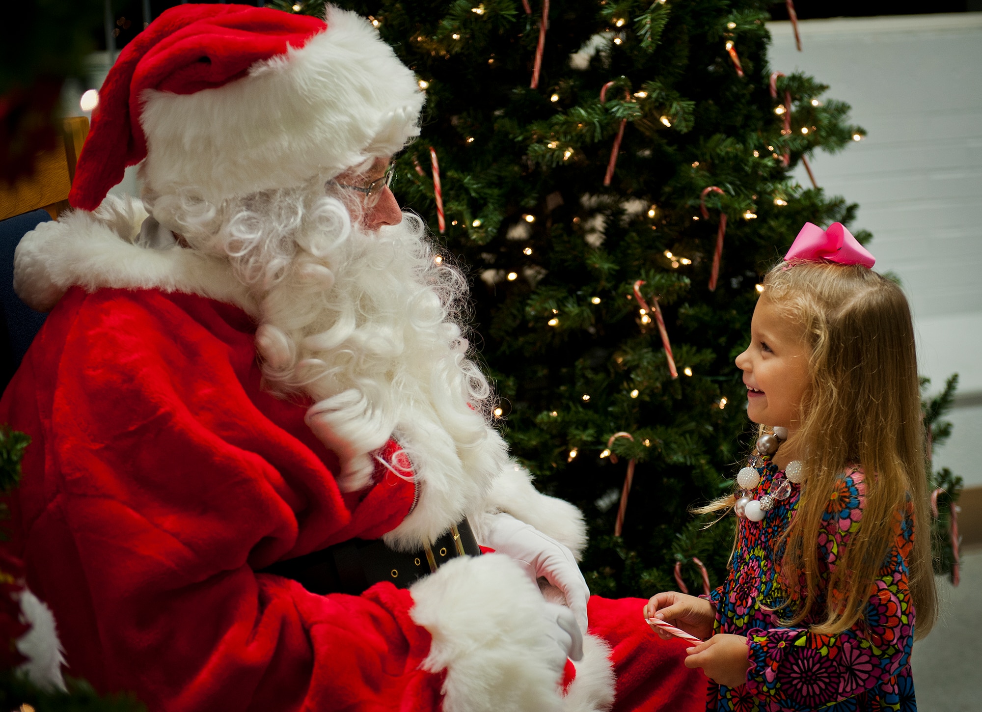 Lilly Hogg excitedly provides Santa Claus with her Chrismas wish list at Team Eglin's annual Christmas tree lighting ceremony at the West Gate Chapel Dec. 6. Chaplains and senior leadership led the event with messages of unity and awards for the base-wide, life-sized card decoration contest. Following the lighting of the tree, Santa arrived by fire truck to meet with the children and hear their Christmas wishes. (U.S. Air Force photo/Sara Vidoni)