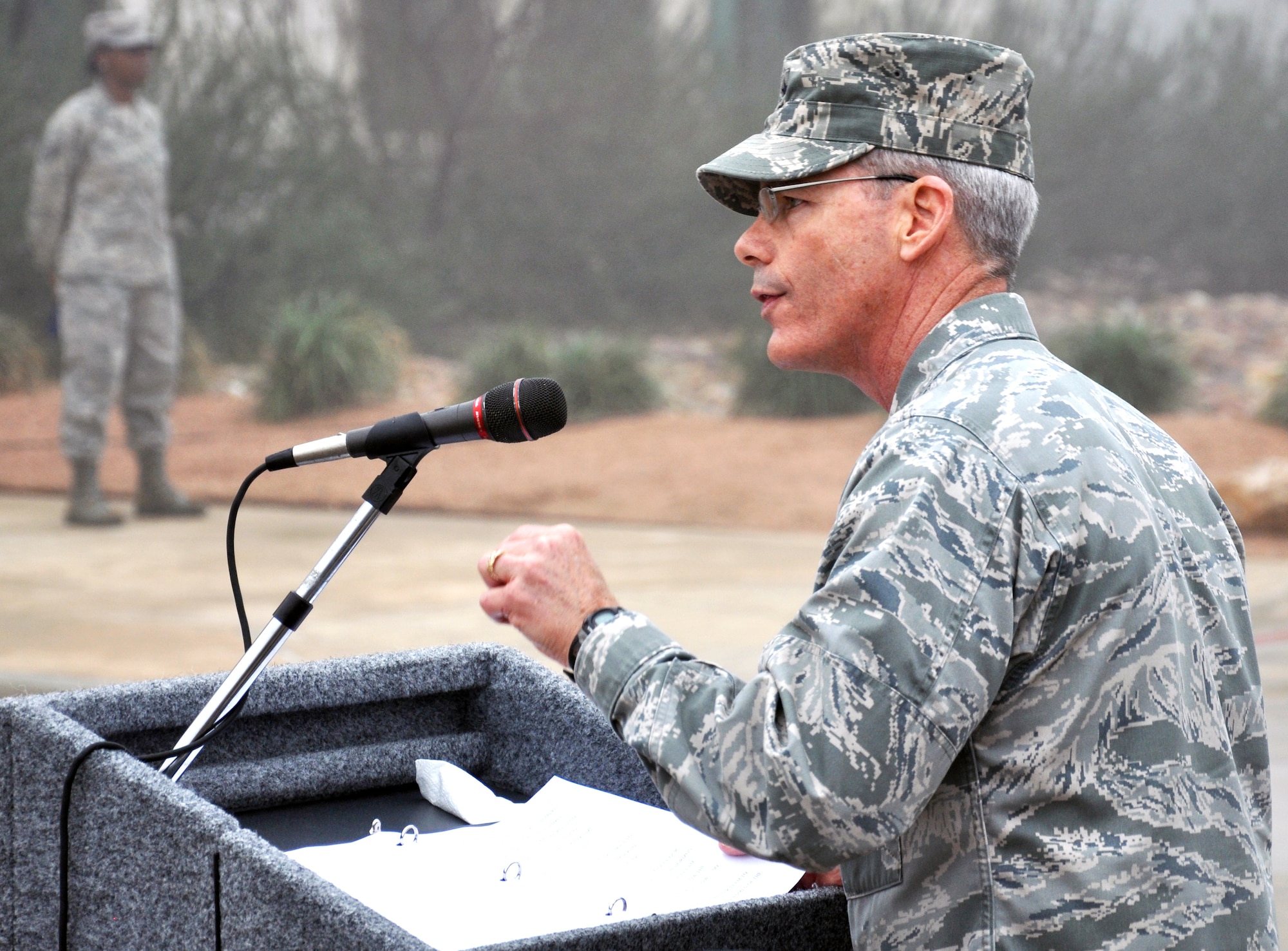 Brig. Gen. Bob LaBrutta, Joint Base San Antonio and 502nd Air Base Wing commander, makes a point during his comments at the 502nd Air Base Wing transformation ceremony at Joint Base San Antonio-Fort Sam Houston Dec. 4. “Hundreds of people put in countless hours of effort in analyzing and developing this restructure and coordinating it with our mission partners, higher headquarters and air staff,” LaBrutta said. (U.S. Air Force photo by Steve Elliott)