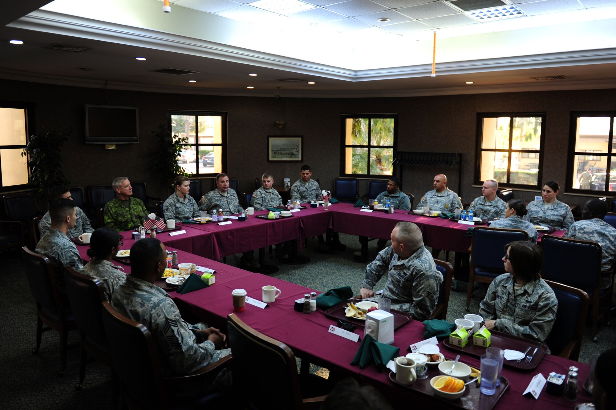U.S. Army Lt. Gen. Frederick "Ben” Hodges, commander of NATO’s Allied Land Command, speaks to Airmen and Soldiers during breakfast Dec. 9, 2013, at Incirlik Air Base, Turkey.  Hodges visited Airmen around Incirlik AB as well as spoke at an all call where he discussed how Team Incirlik plays an important role in the NATO mission. (U.S. Air Force photo by Airman Nicole Sikorski/Released) 
