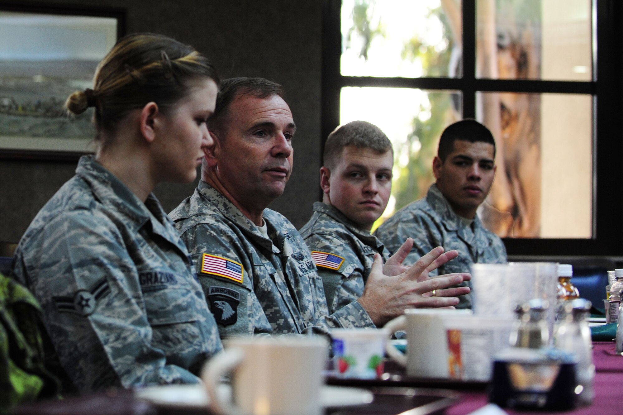 U.S. Army Lt. Gen. Frederick "Ben” Hodges, commander of NATO’s Allied Land Command, speaks to Airmen and Soldiers Dec. 9, 2013, at Incirlik Air Base, Turkey.  Along with a breakfast with Soldiers and Airmen, Hodges toured many on-base locations including the 39th Logistics Readiness Squadron and Patriot Village, and witnessed a security forces exercise. (U.S. Air Force photo by Airman Nicole Sikorski/Released) 