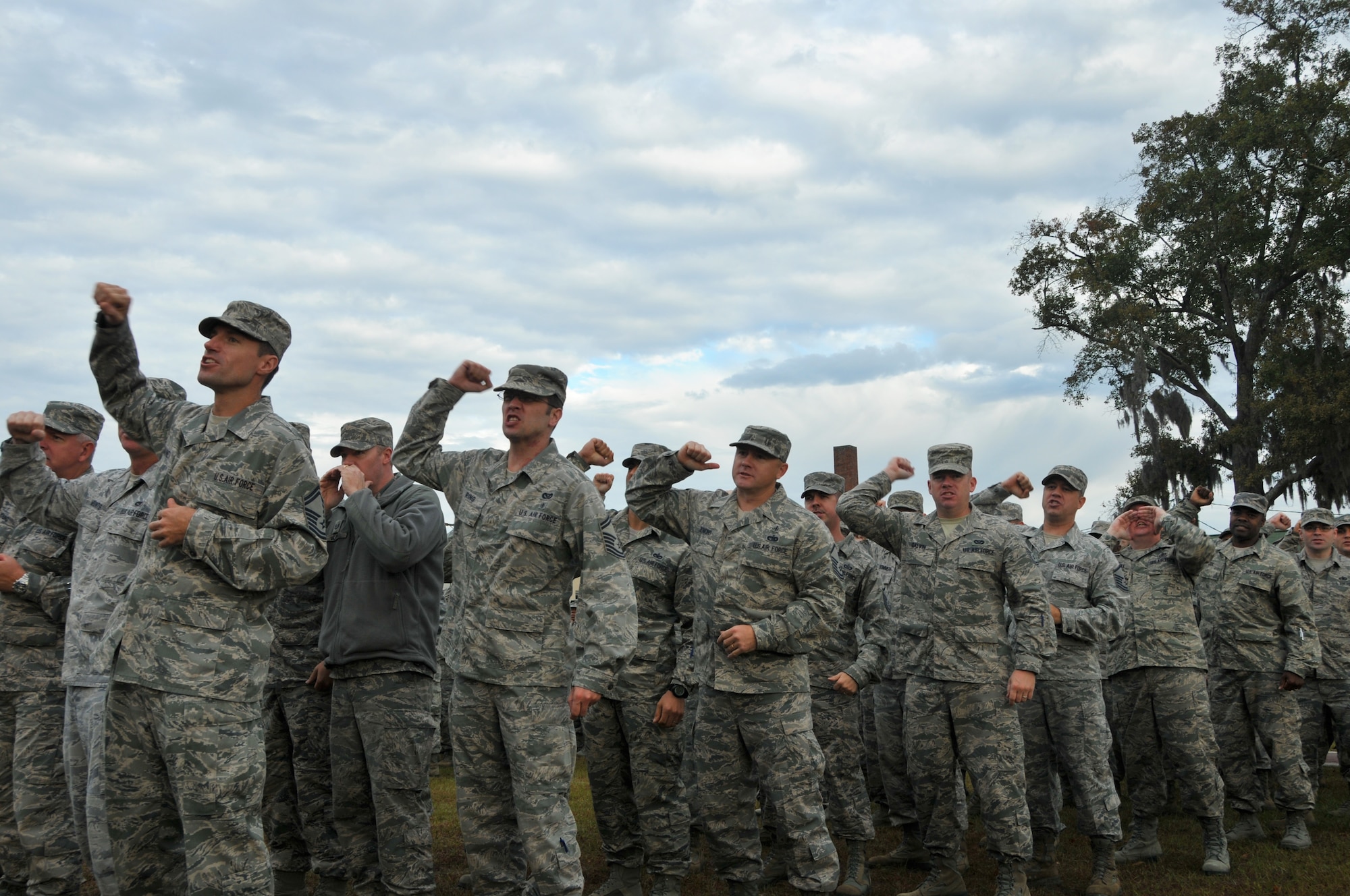 Airmen from the Air Force Reserve Command Recruiting Service give a cheer during their annual readiness training event Nov. 5 at the Combat Readiness Training Center in Savannah, Ga. The Reserve recruiters, who have the best recruiter-to-accession ratio in the Defense Department, recently earned the Air Force Organizational Excellence Award. (U.S. Air Force photo by Master Sgt. Shawn J. Jones)