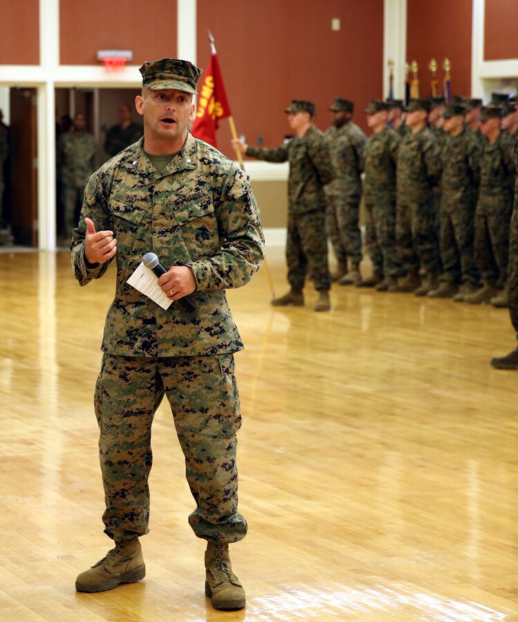 Lieutenant Col. Steven M. Wolf, the outgoing commanding officer of 2nd Battalion, 2nd Marine Regiment, 2nd Marine Division, speaks to the battalion, friends and family during the battalion’s change of command ceremony aboard Marine Corps Base Camp Lejeune, Dec. 10, 2013. Wolf took command of 2nd Bn., 2nd Marines in April 2012, and is now departing to attend the College of Naval Warfare in Newport, R.I.