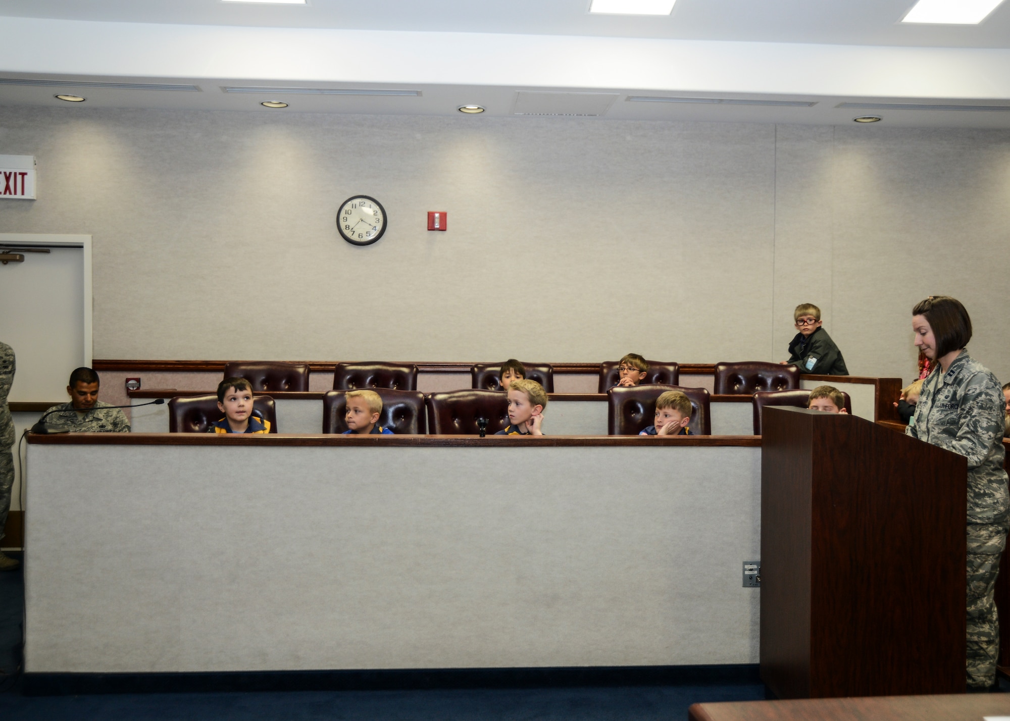 Local Cub Scout Wolf Den Pack 741, served as the jury in the mock trial case of B.B. Wolf versus Curly Pig. After hearing all of the evidence, the group found Pig not guilty of attempted wolf cooking. (U.S. Air Force photo by Rebecca Amber).