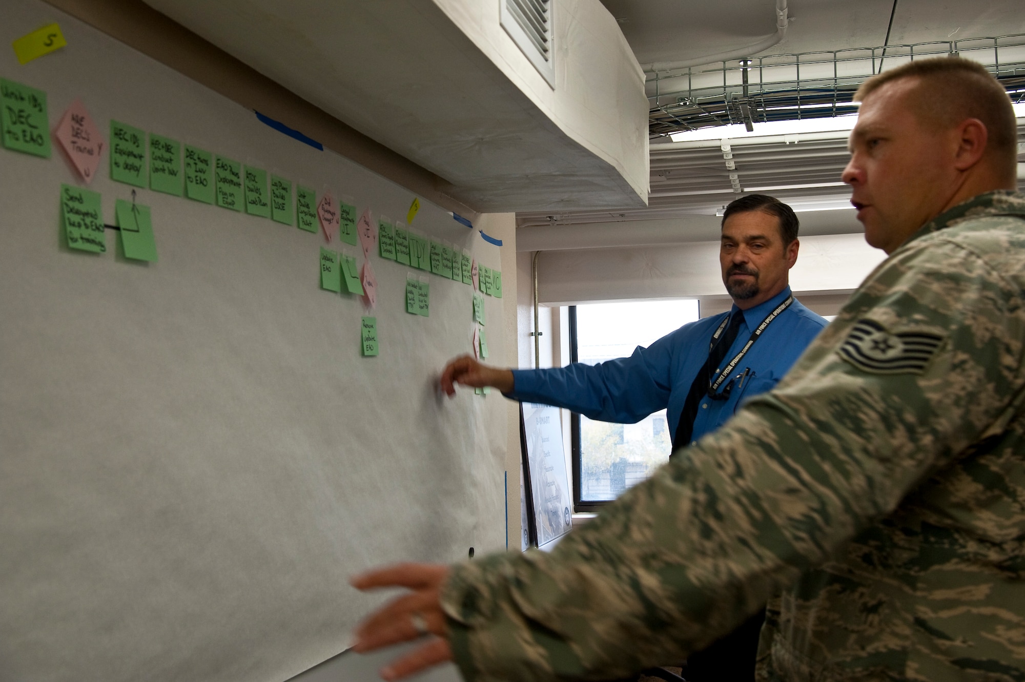 Virgil Poulsen, Air Force Special Operations Command Air Force Smart Operations for the 21st Century black belt, explains a value stream map to Tech. Sgt. Cody Covert, 901st Special Operations Aircraft Maintenance Squadron and AFSO21 green belt trainee, during an AFSO21 event at Hurlburt Field, Fla., Dec. 5, 2013. Conducting an AFSO21 event allows units to see their processes so they can maximize efficiency. (U.S. Air Force photo/Senior Airman Michelle Vickers)