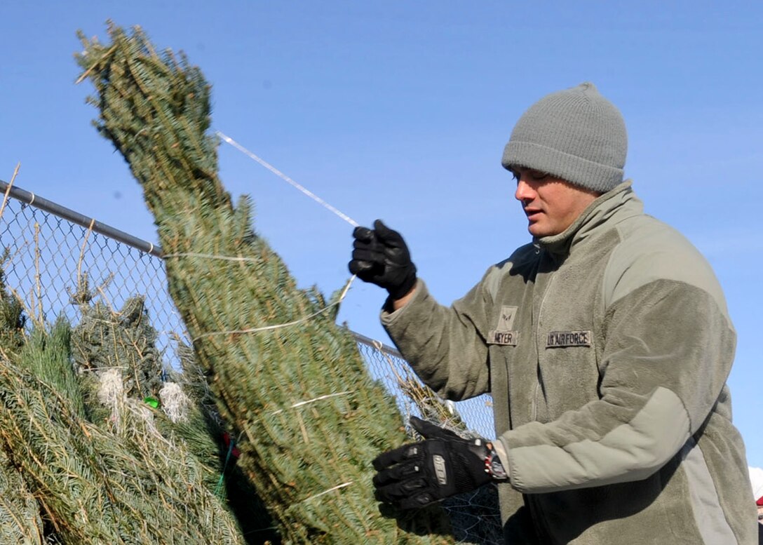 Airman 1st Class Tanner Meyer, 28th Contracting Squadron contract administer, places one of the 235 Christmas trees donated by The Christmas SPIRIT Foundation for families of deployed military members outside the Outdoor Recreation office at Ellsworth Air Force Base, S.D., Dec. 6, 2013. Meyer was among 20 volunteers who unloaded the trees that had cards with heartfelt messages attached for military families, thanking them for their hard work and support. (U.S. Air Force photo by Senior Airman Anania Tekurio/Released)