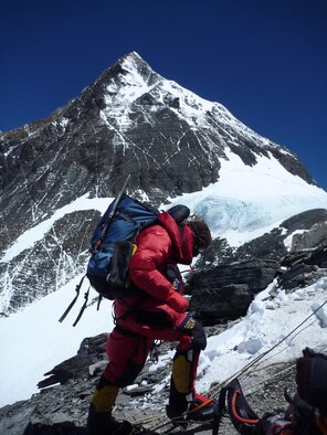 U.S. Air Force Capt. Colin Merrin takes his first steps on the final push to the South Col and Camp 4 May 21, 2013. Merrin, a seasoned climber and GPS satellite officer for the Air Force, holds his focus on the next step without getting distracted by the ominous peak that watches him getting ever closer. (photo by Nick Gibson)  